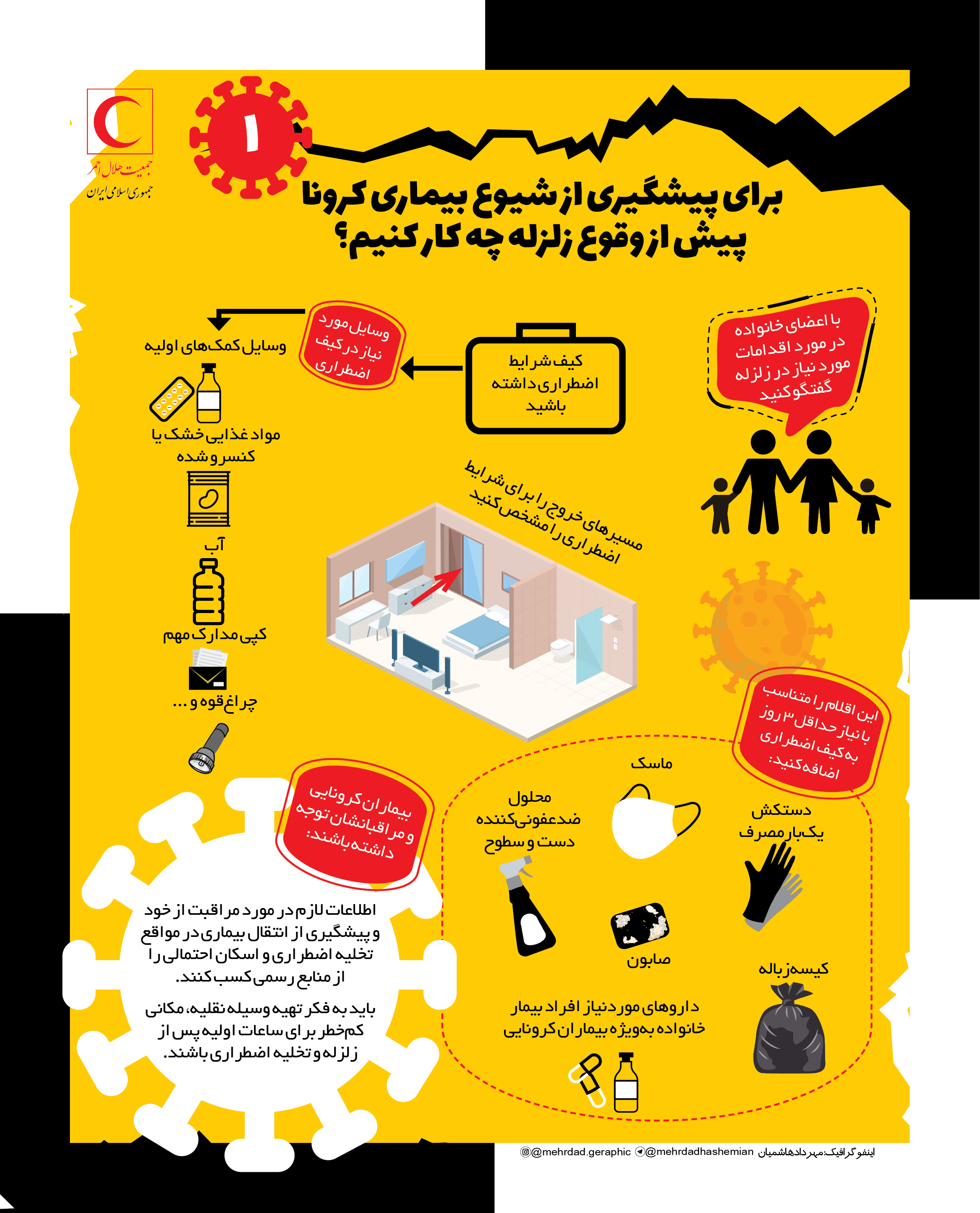 پیشگیری از شیوع بیماری کرونا قبل، حین و پس از وقوع زلزله/ اینفوگرافیک